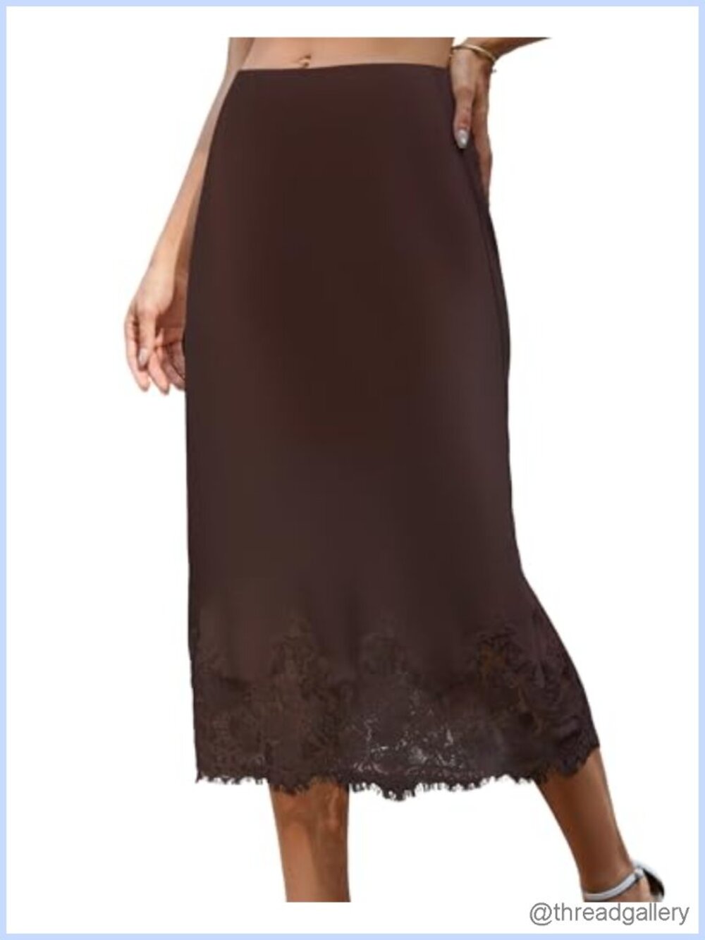 Satin Midi Skirt High Rise A-Line Lace Trim Elastic Waist Office Casual